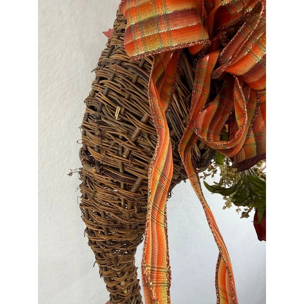 Fall Floral Cornucopia Wicker Basket Red Roses Pumpkin Harvest Decor